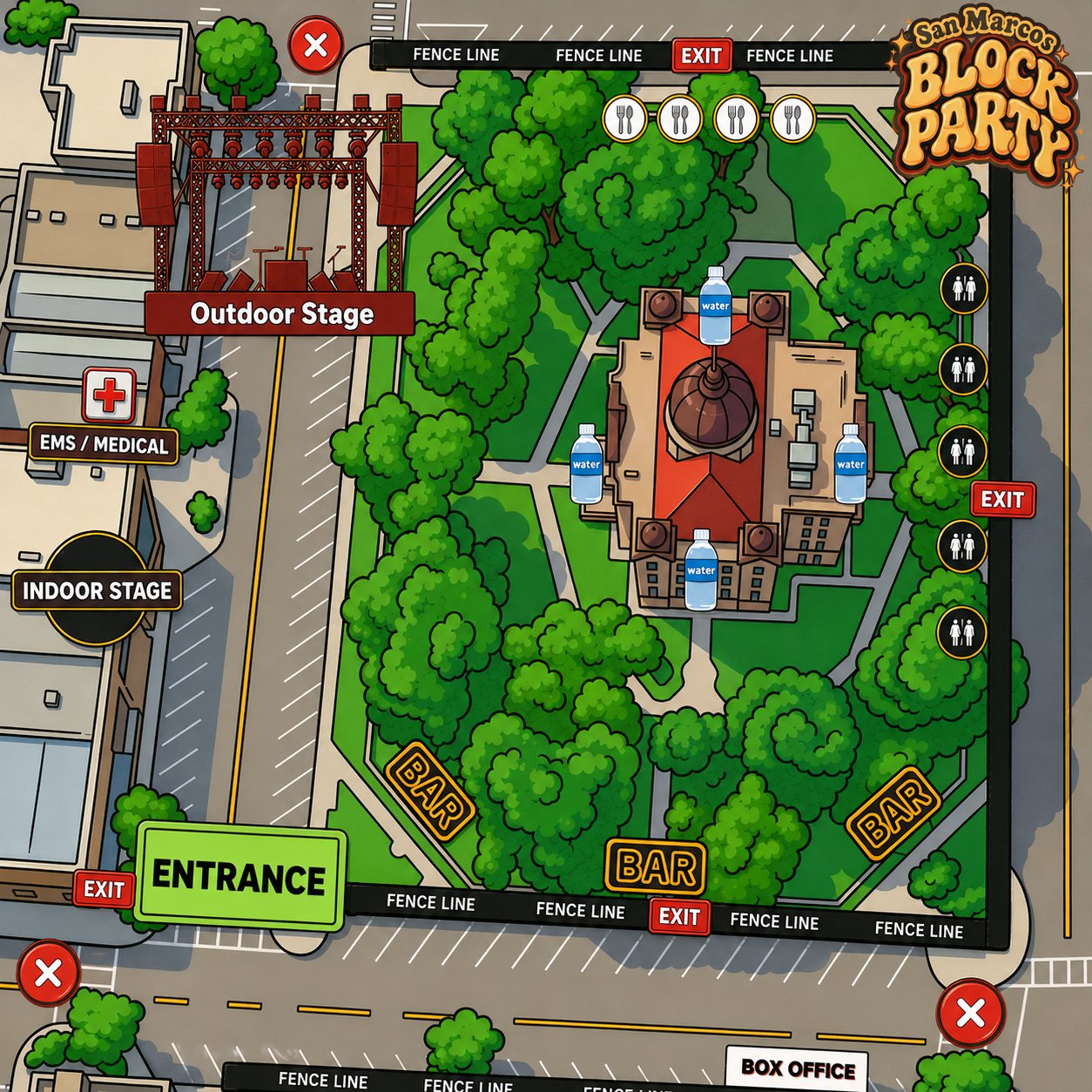 San Marcos Block Party site map showing the outdoor stage, indoor stage, entrance, box office, bars, food, water stations, restrooms, EMS/medical, and exits across Hays County Courthouse Square