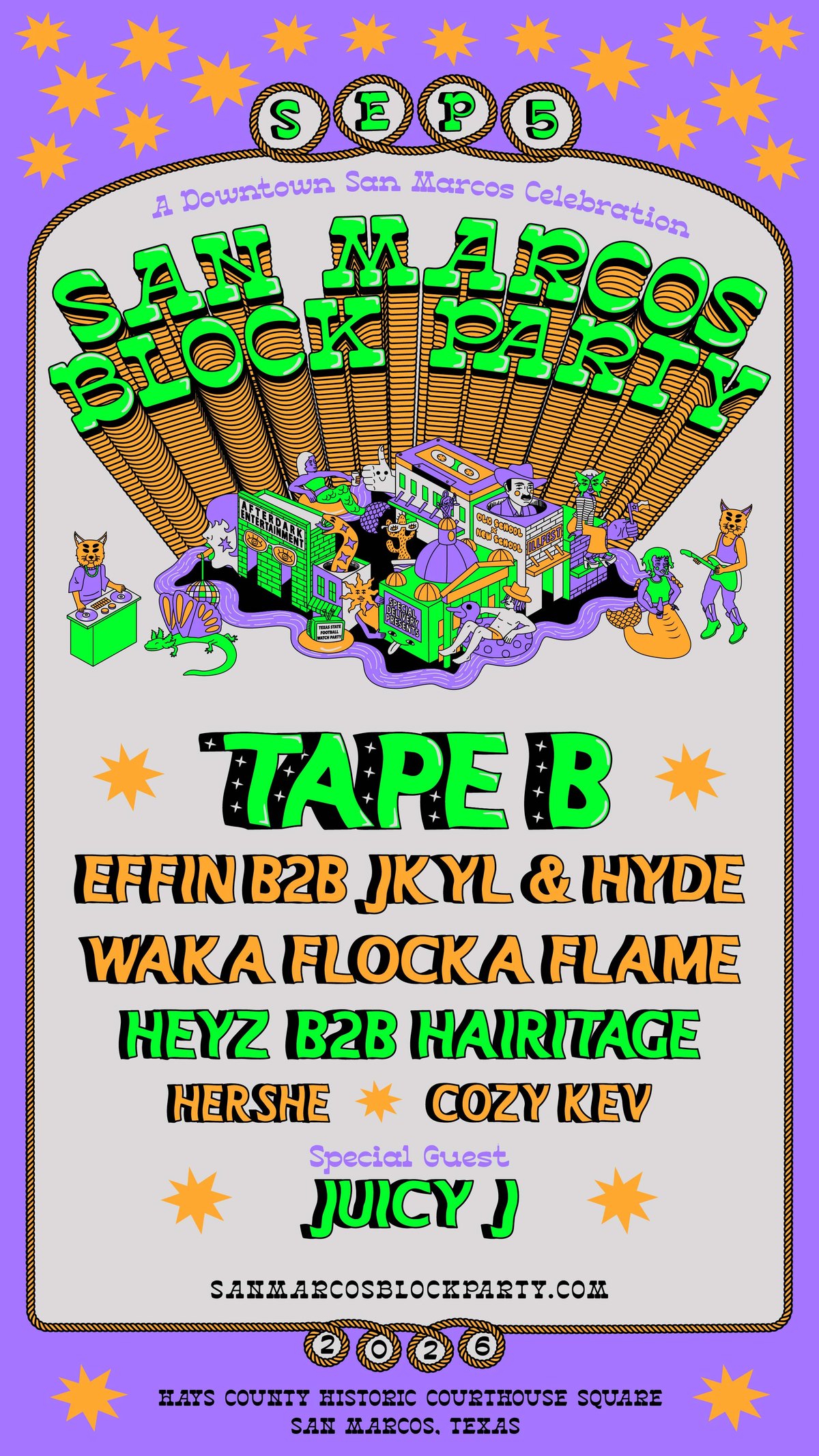 San Marcos Block Party 2026 lineup — Tape B, Juicy J, Effin b2b Jkyl & Hyde, Waka Flocka Flame, Heyz b2b Hairitage, Hershe, Cozy Kev + more. Sept 5, Hays County Historic Courthouse Square, San Marcos, Texas.