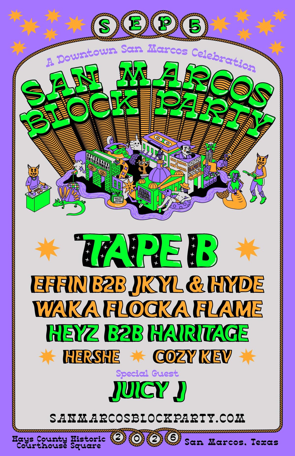 San Marcos Block Party 2026 poster — a psychedelic illustrated downtown San Marcos scene